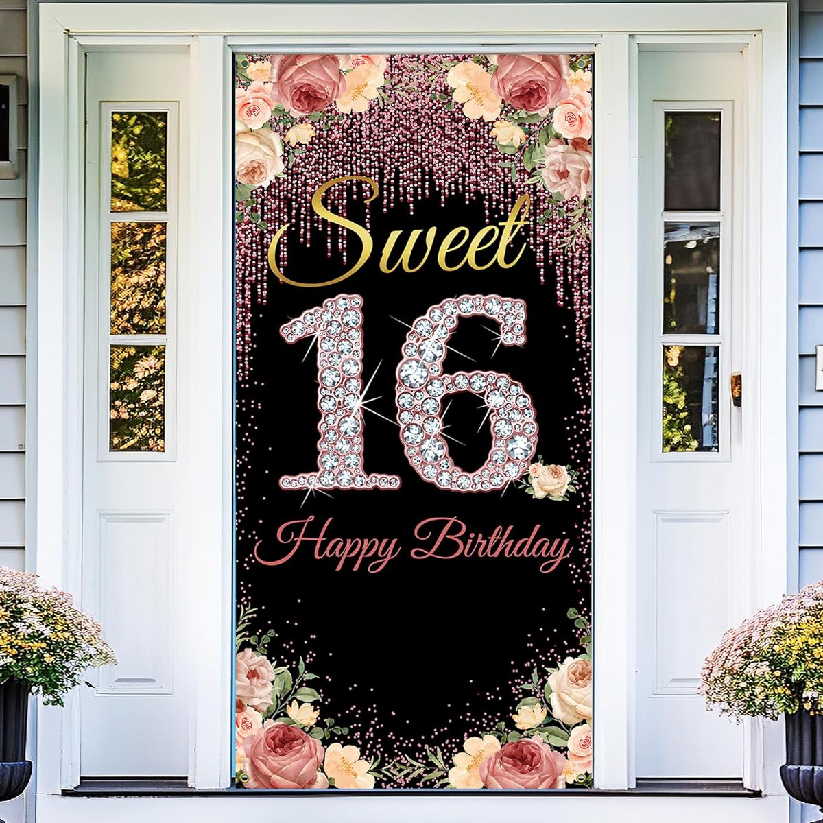 Sweet 16th Birthday Backdrop Door Banner for Girls 16th Birthday Decorations Sweet 16th Birthday Photo Props 16th Birthday Party Yard Sign Outdoor Indoor Durable Fabric Vicycaty