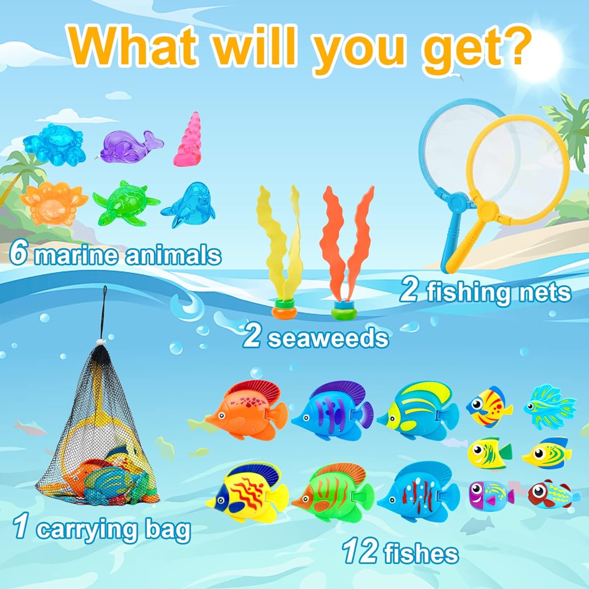 Korlon Tec Kids Pool Toys 23pcs Bath Toys Dive & Grab Fishing Game Set Diving Toys for Summer Pool Swimming Bathtime