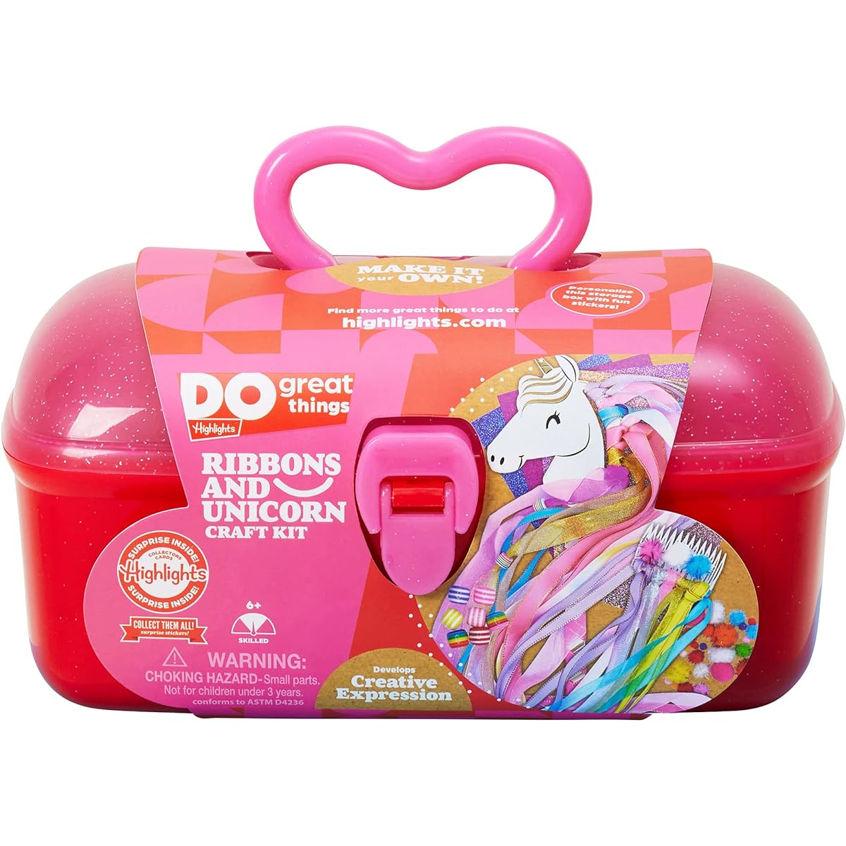 Highlights Ribbon and Unicorn Craft Kit for Kids - 3 Crafts in 1 - Make a Unicorn Wand, Ribbon Hoop, and Hair Comb - Includes Reusable Carrying Case - Ages 6+
