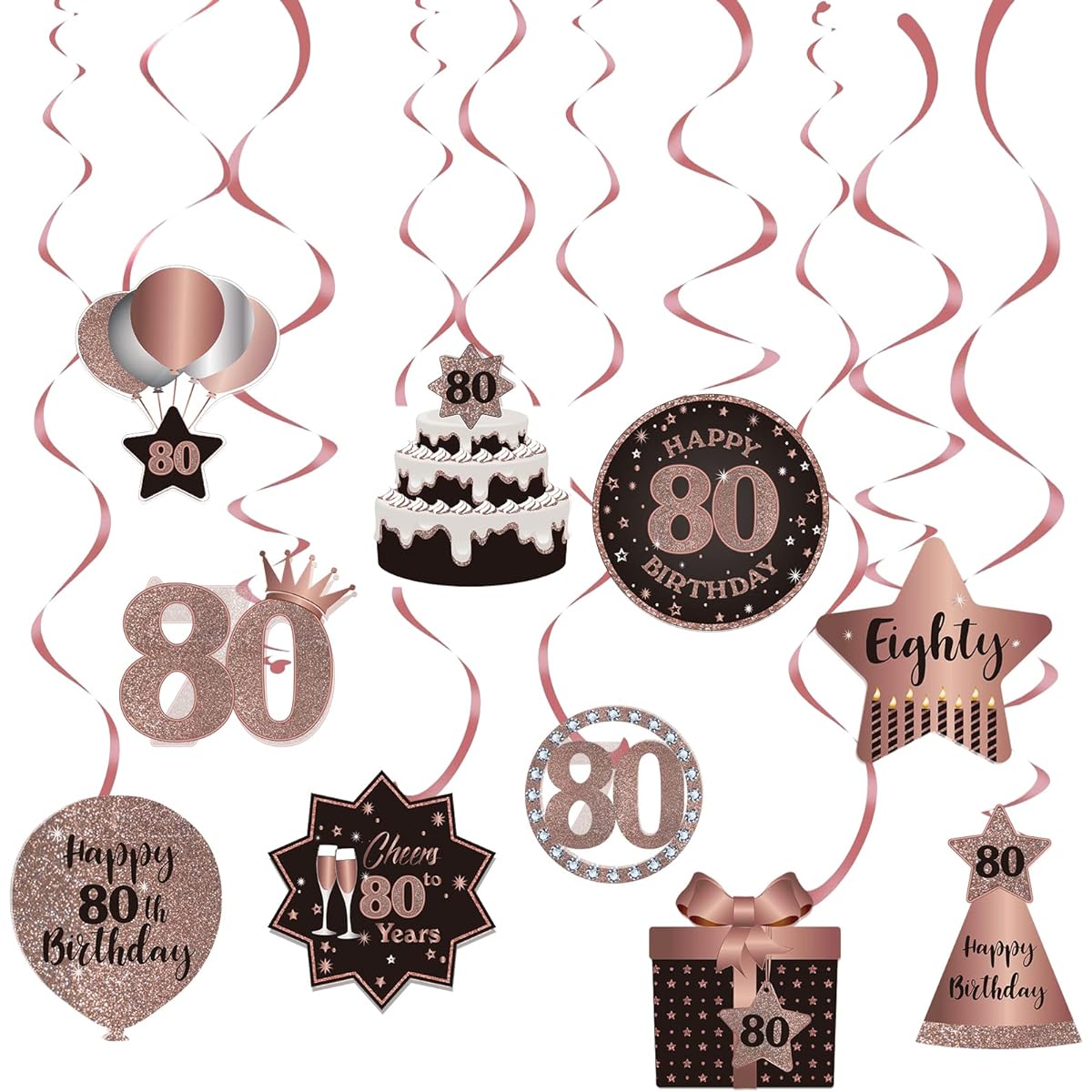 Happy 80th Birthday Party Hanging Swirls Stream Ceiling Decor Celebration 80 Foil Hanging Swirls with Cutouts for 80 Years Old Rose Gold Birthday Party Decorations Supplies