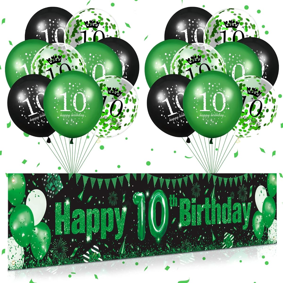 Green 10th Birthday Decorations for Boys Girls Green Black 10th Birthday Banner 10th Birthday Balloons for 10th Birthday Anniversary Party (Green 10 Years Old)