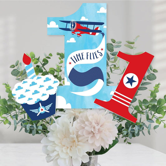 1st Birthday Fly Away Vintage Airplane First Birthday Party Centerpiece Sticks Table Toppers Set of 15