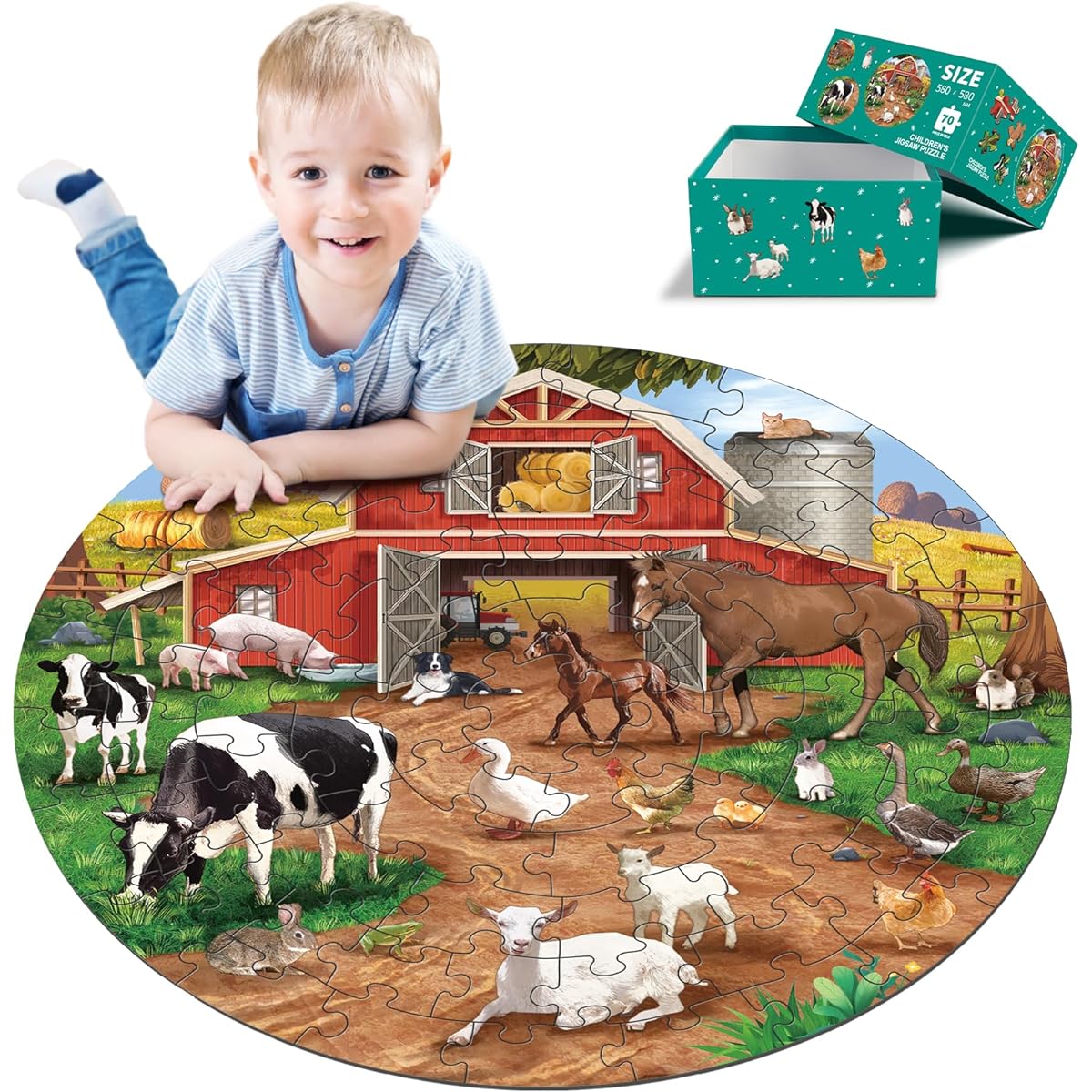 TingingYuli Farm Animals Round Jigsaw Puzzle Jumbo Floor Puzzle for Kids Large 70 Pieces Barn Puzzle for Toddlers 3-5 Years Old Preschool Learning Education Christmas Birthday Gift for 4-8 Years Old Boys Girls, 80801