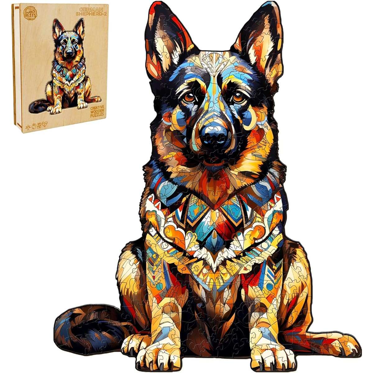 WOODBESTS Wooden Puzzle for Adults German Shepherd Puzzle (M, 180 Pieces 12.7"x10.5") Beautiful Wooden Box Wooden Jigsaw Puzzle Unique Shape Birthday Gift for Adults and Kids Family Game