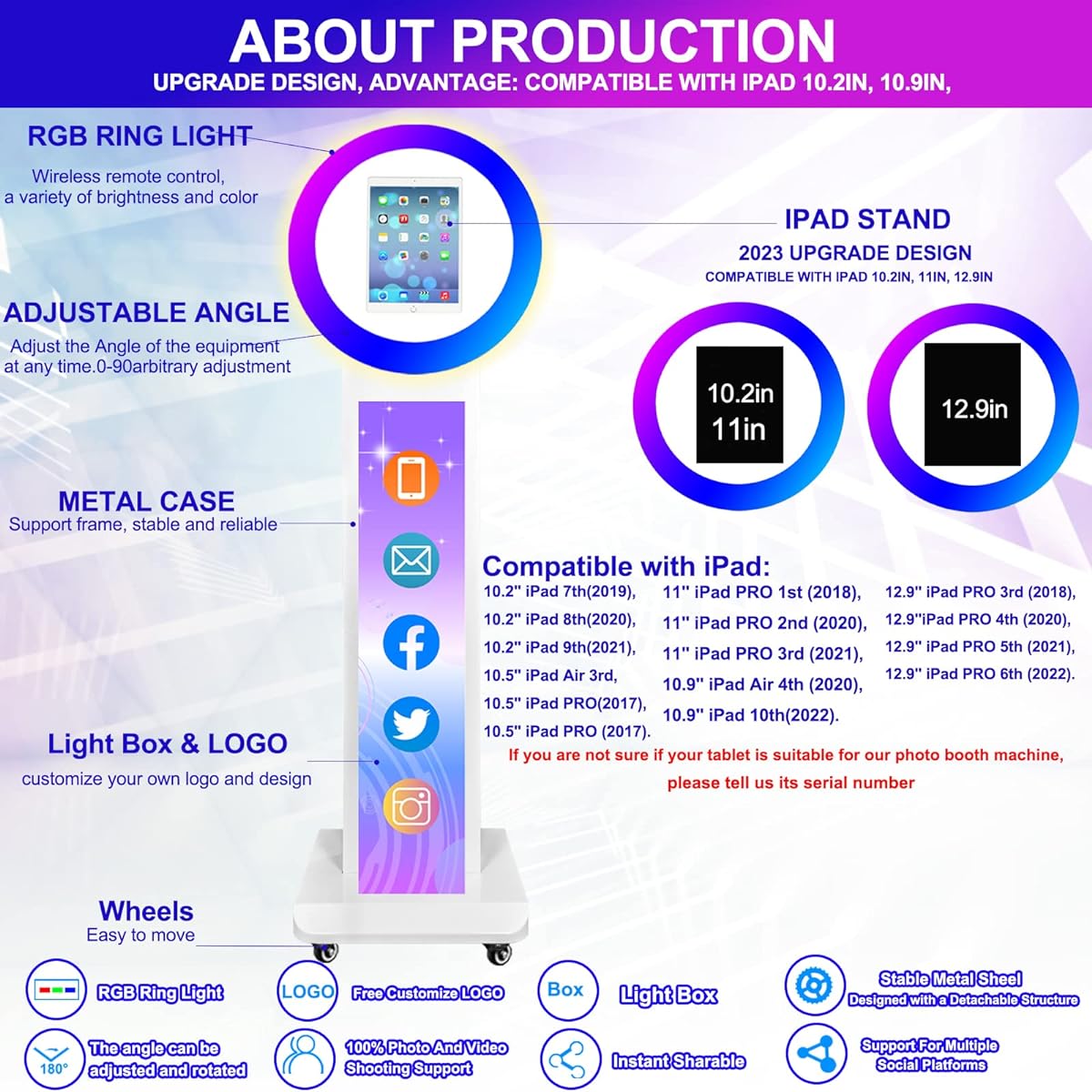 HITUGU Portable Photo Booth for iPad Pro 12.9 inch 6th/5th/4th/3rd Generation Metal Shell Selfie Photo Booth Machine with RGB Ring Light Free Custom Logo Remote Control for Party Wedding