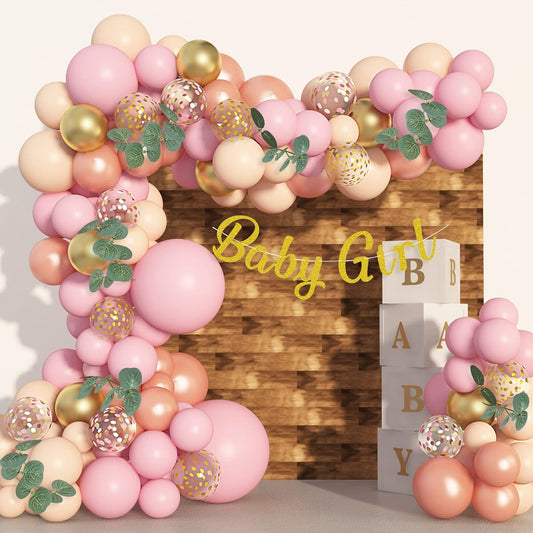 122pcs Baby Shower Decorations for Girls Rose Gold Pink Balloons Arch Garland Kit Eucalyptus Boho Green Baby Girl Banner Peach Blush Gold Balloons for Full Baby Gender Reveal Party Supplies