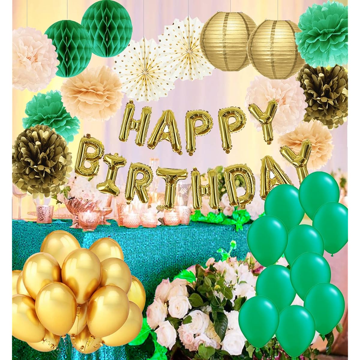 Birthday Decorations for Women Green Gold Happy Birthday Balloons Green Gold Balloons Green Gold Birthday Party Decorations for Women 60th/40th/50th Birthday Party Decorations