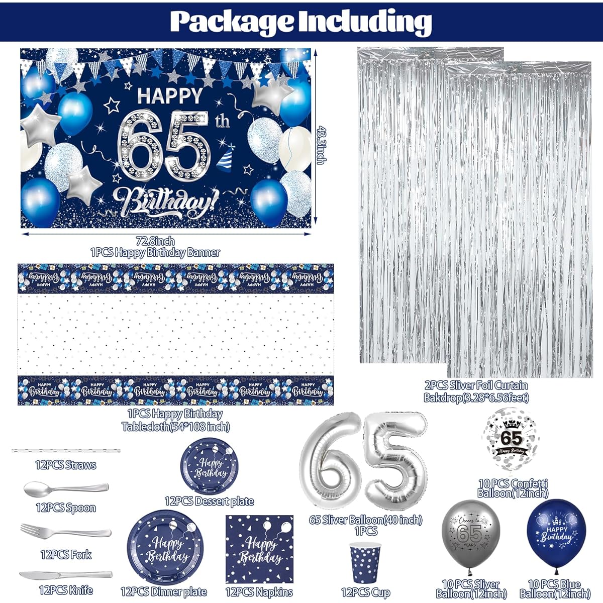 blue silver 65th birthday decoration banner