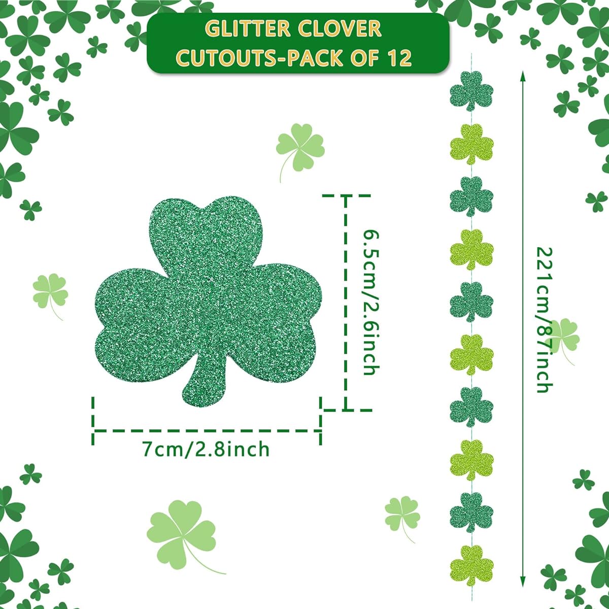 Whaline 12 String St. Patrick's Day Shamrock Garland Glitter Green Clover Garland Banner Shamrock Hanging String Garland St. Patrick's Day Irish Holiday Hanging Decorations Party Supplies
