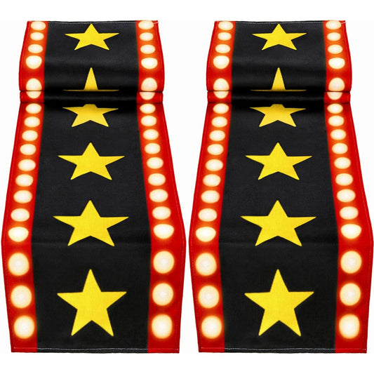 13x72 Inch Movie Night Table Runner, Red Movie Theme, Gold Star Design Movie Night Red Carpet Decorations for Movie Night Birthday Party Supplies (Black)