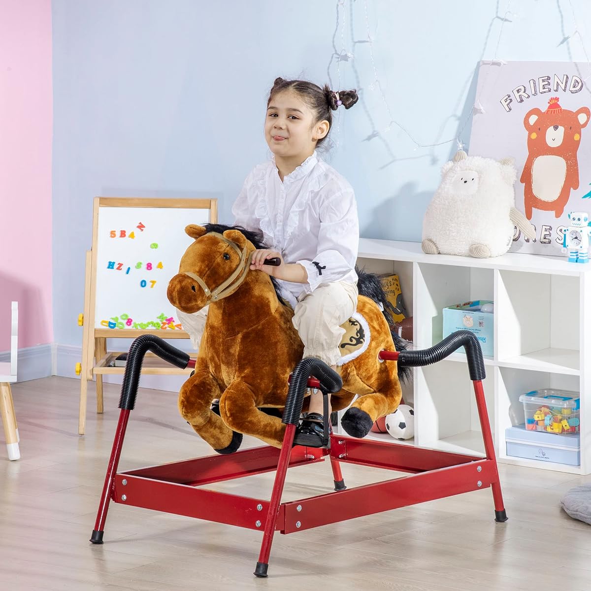 Qaba Kids Spring Rocking Horse for Girls and Boys Animal Sounds Stuffed Animal Riding Horse Soft Feel Interactive Toy