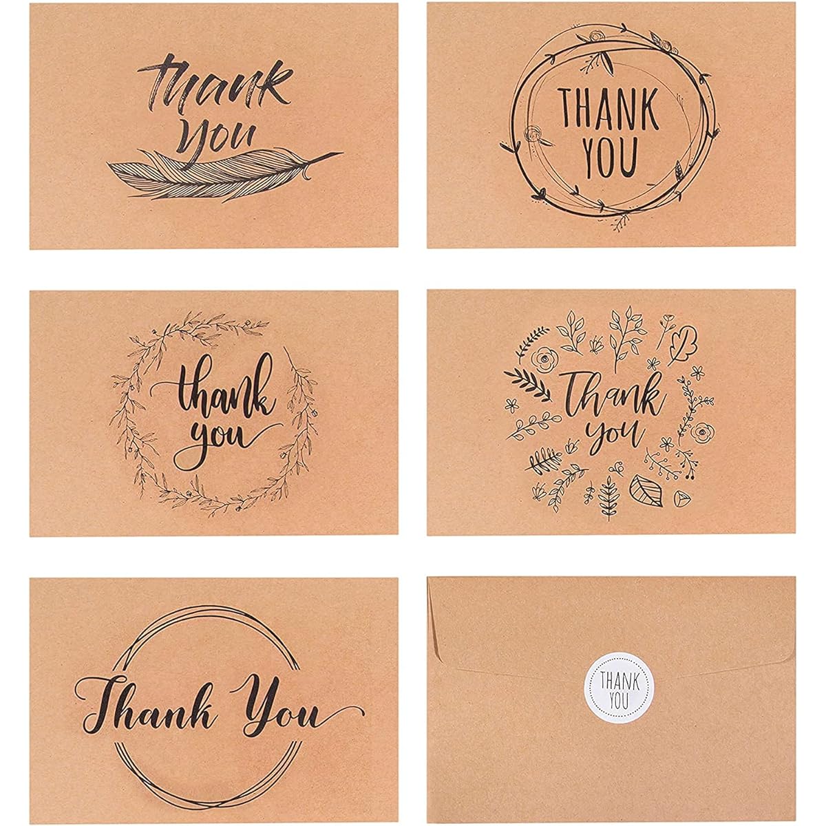 Kraft Paper Rustic Vintage Thank You Cards Large Brown 4 x 6 Inch Greeting Cards 40 Count