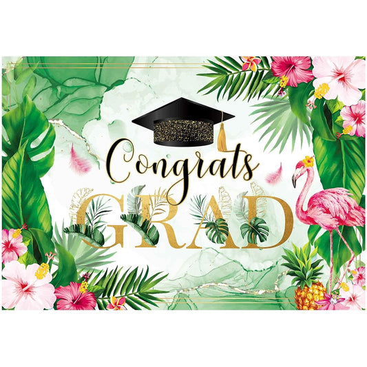 Allenjoy 82" x 59" Congrats Grad Tropical Background Graduation Favors 2022 Graduation Party Supplies Flamingo Pineapple Green Leaves Floral Background Cake Table Decor Photo Booth Props Gift Favors
