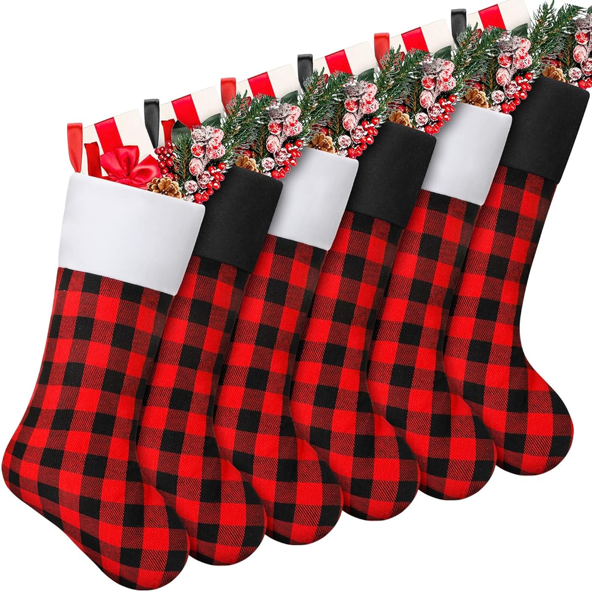 Skylety 20" Christmas Stockings, Plaid Stockings, Faux Fur Cuff Stockings, Fireplace Hanging Stockings, Family Holiday Christmas Party Decorations (Black Red with Black & White Cuffs, 6)