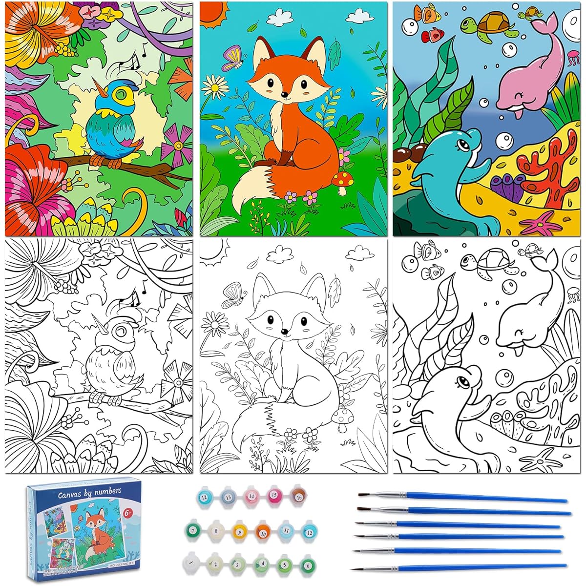 Volmop 3 Pack Paint by Numbers for Ages 8-12 * 8 Inches Color by Number Framed Canvas for Kids, 17 Acrylic Paints and 6 Brushes, Kids Paint by Numbers Arts & Crafts Art Supplies Ages 9-12