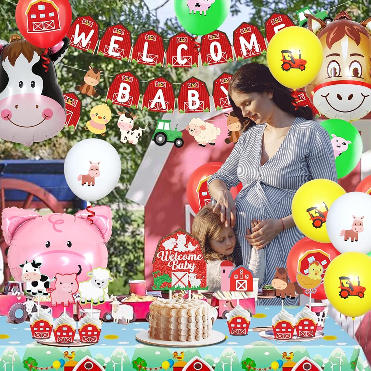 Farm Animals Baby Shower Decorations Girl Boy Red Yellow Balloons Farm Theme Welcome Baby Banner Garland Cake Topper Animal Foil Balloons Tablecloth Barn Farm Theme Baby Shower Gender Reveal Supplies