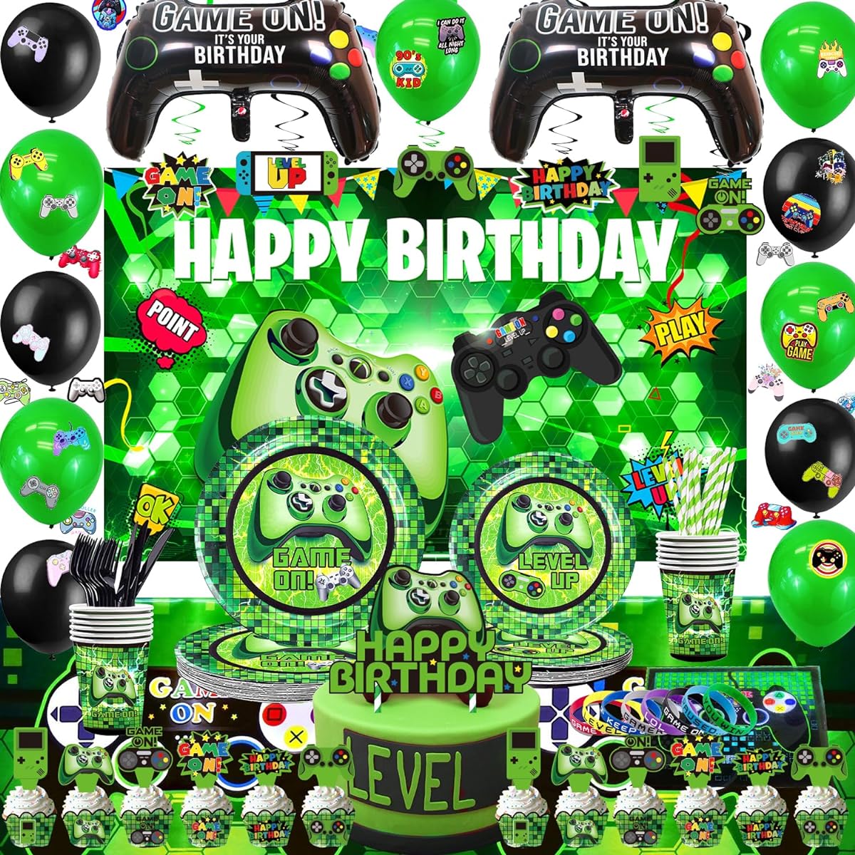 Green Video Game Party Supplies - 212 Pieces Gamer Game Party Decorations for Boys Birthday Party - Table Covers Plates Cups Napkins Utensils Hanging Swirls Birthday Banner Cupcake Toppers & Balloons Serves 10