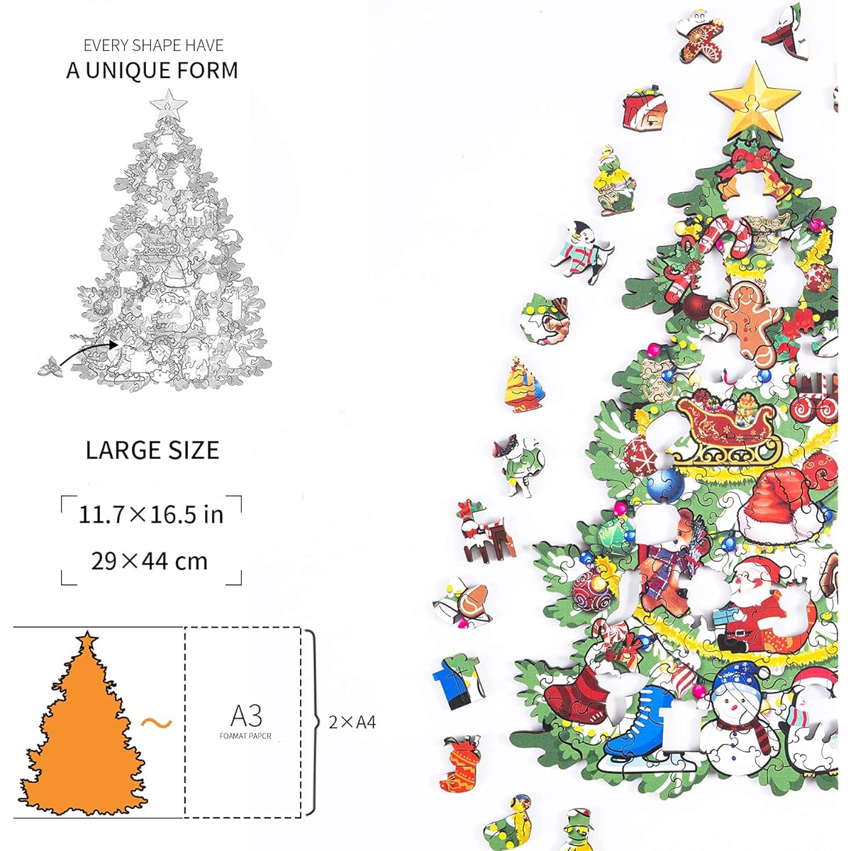 Big Christmas Wooden Puzzle 3D Home Decoration Wooden Jigsaw Puzzle for Family and Kids A3, 12x16 Inch, 200 Pieces (Tree)