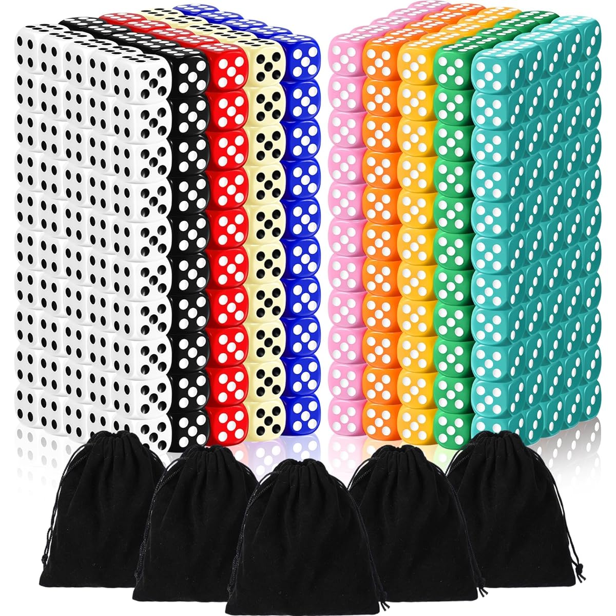 Syhood 500 Piece 16mm 6 Sided Dice Bulk Color Dice Set with 5 Drawstring Pouches Standard Game Dice Pack Board Dice Games for Classroom Teaching and Math Learning 10 Colors