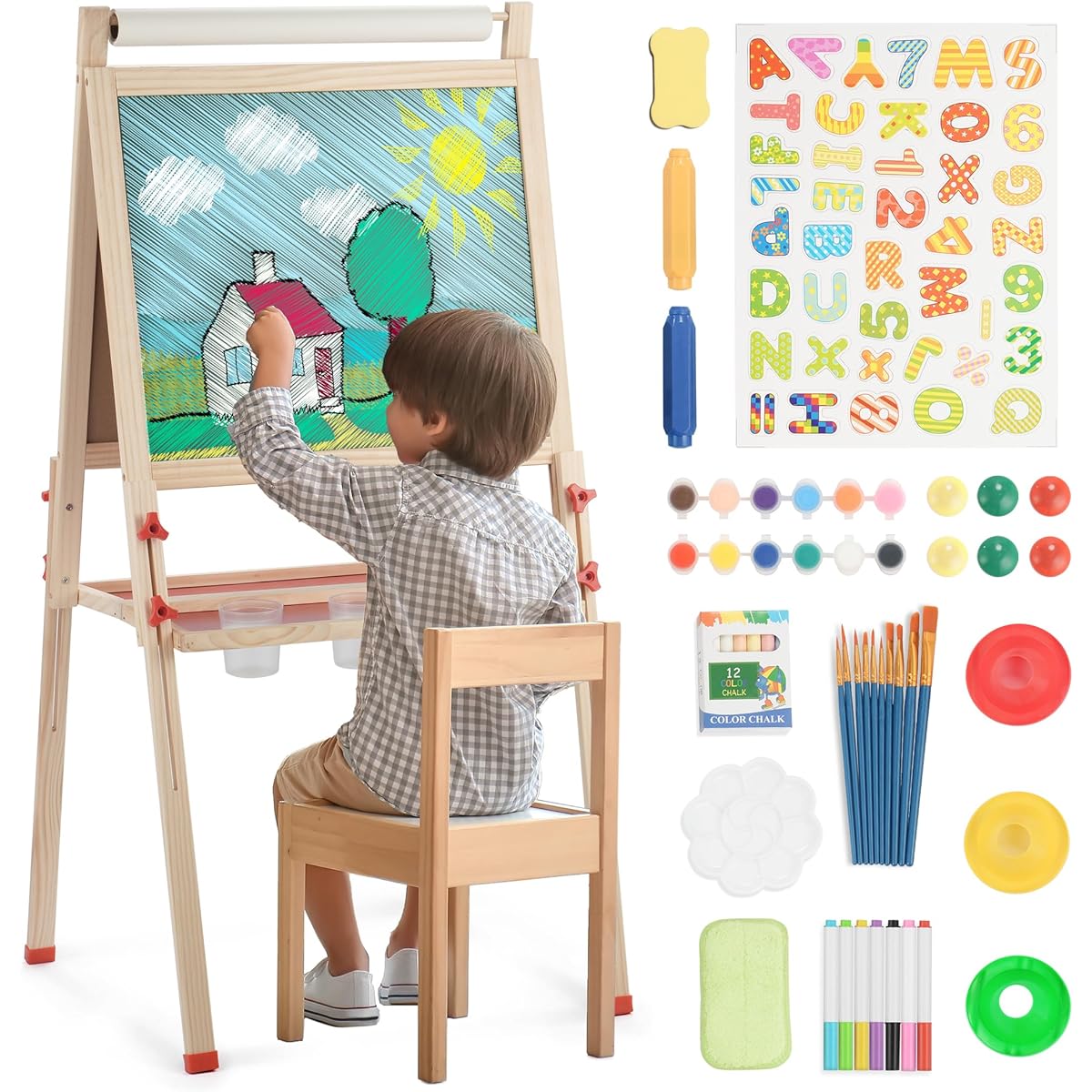 Rengue All-in-One Art Easel with Paper Roll Adjustable Double Sided Art Drawing Standing Chalkboard Ideal for Toddlers 3-12 Wooden