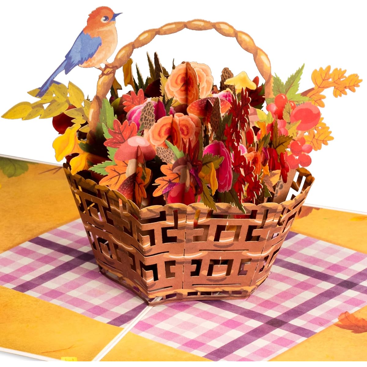 Paper Love Frndly Harvest Flower Basket Pop Up Card for Fall, Autumn, Thanksgiving, Sympathy, Any Occasion, 100% Recycled and Eco Friendly, 8"x6" Cover with Note Tag