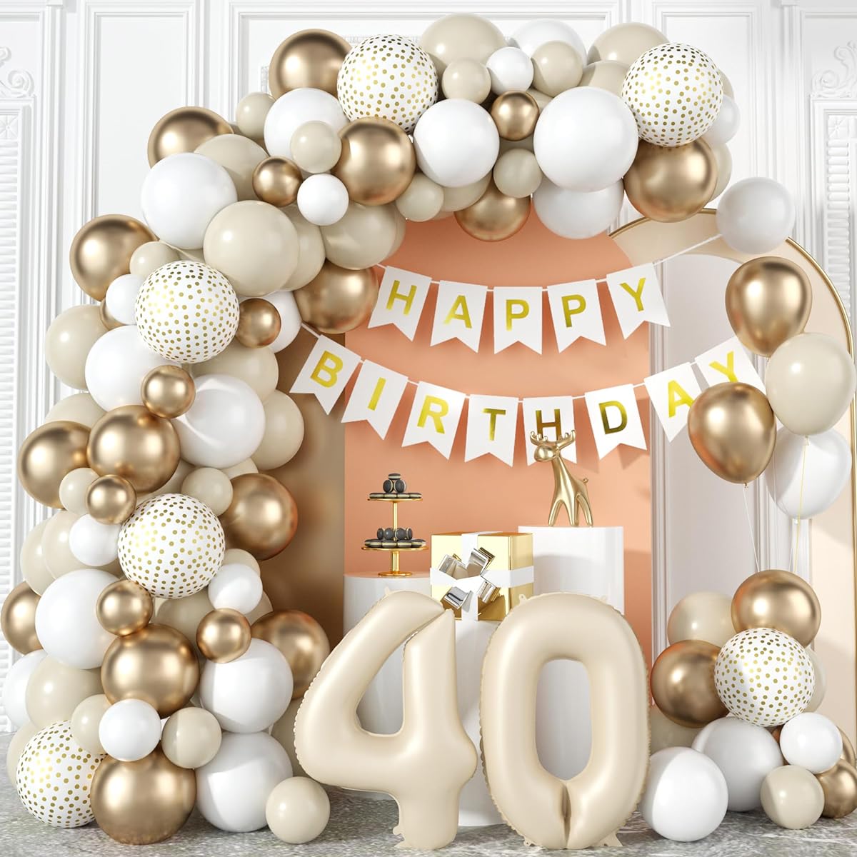 40th Birthday Decorations for Women Sand White Beige Gold Balloon Garland Arch Kit Cream Number Foil Balloons Happy Birthday Banner Boho Metallic Champagne Gold Party Decor for 40th