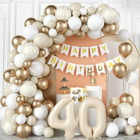 40th Birthday Decorations for Women Sand White Beige Gold Balloon Garland Arch Kit Cream Number Foil Balloons Happy Birthday Banner Boho Metallic Champagne Gold Party Decor for 40th