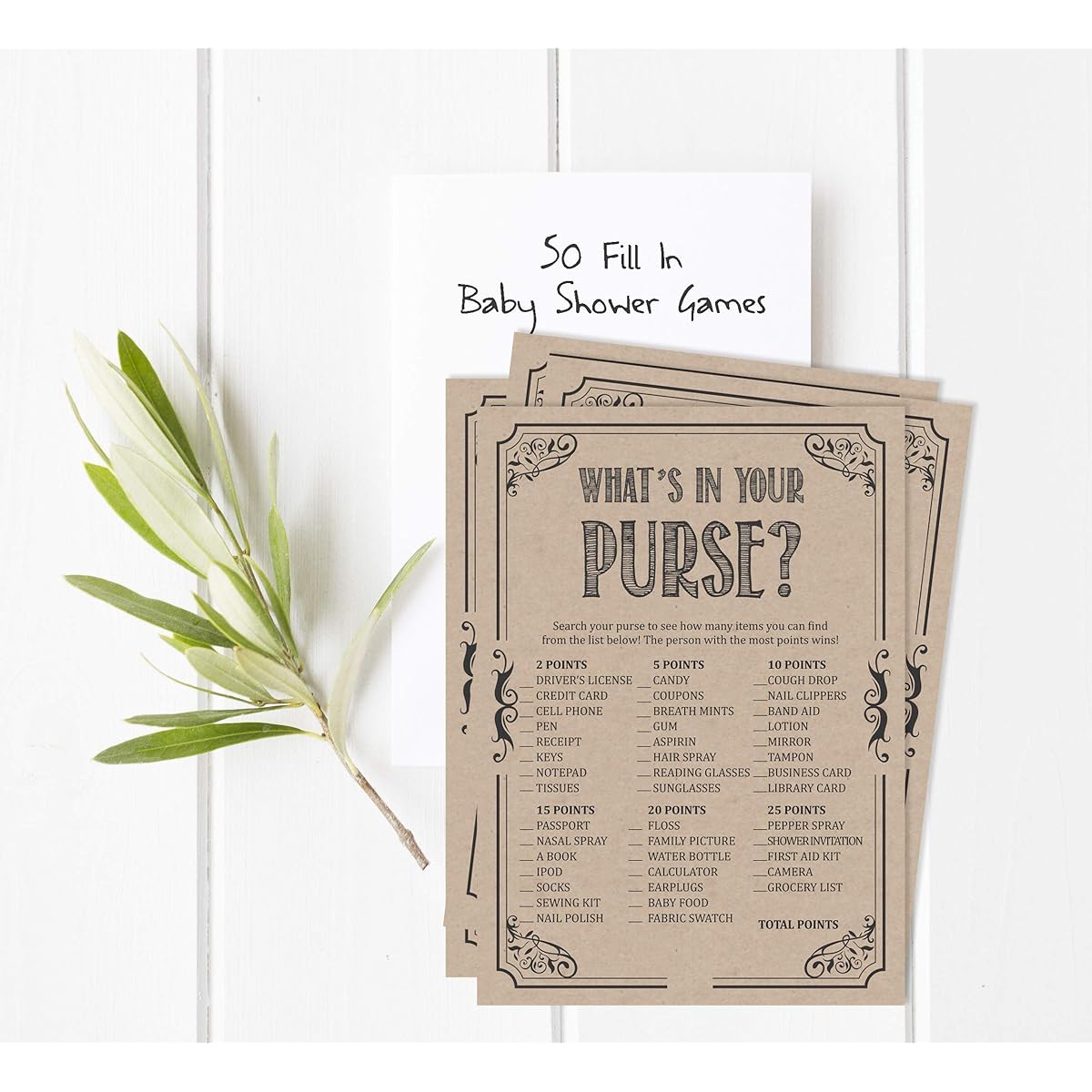 Inkdotpot 50 What's in Your Purse Baby Shower Game Cards It's a Girl Activity Cards Party Ideas Gender Reveal Baby Shower Rustic Crafts Party Supplies