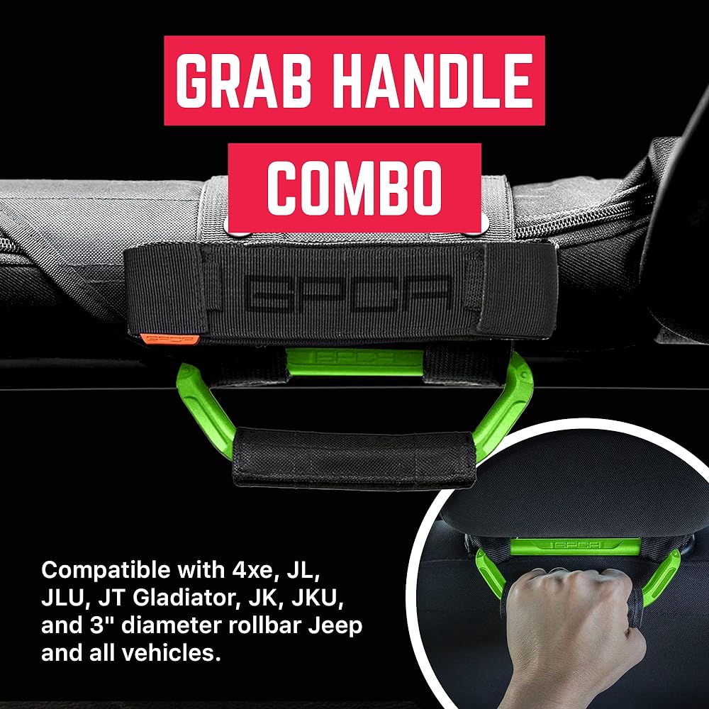 Jeep Accessories Combo, Better Value Pack with 2 Grip Pro Roll Bar Handles and Back Grip Grab Headrest for JK, JL, JLU, JT Gladiator, JKU More, Neon Green