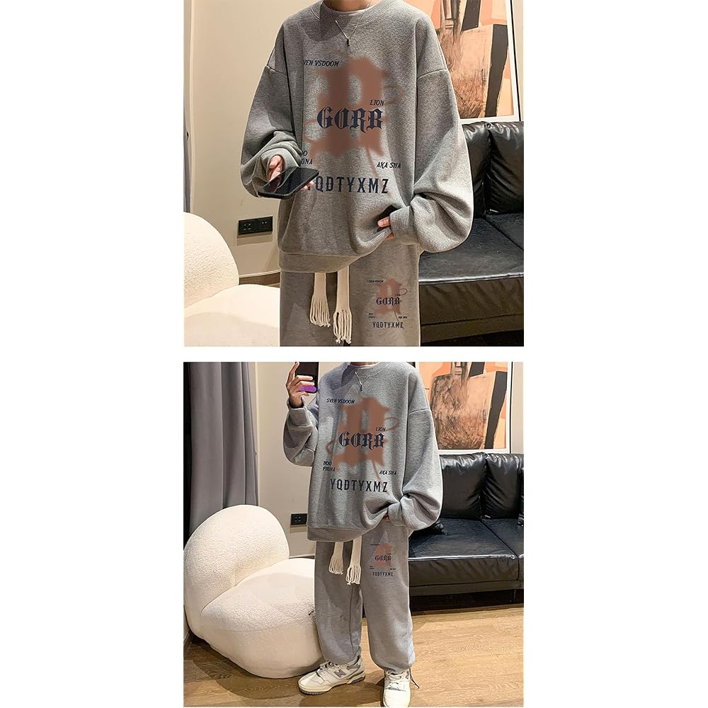 [Froyland] Men's Sweatshirt Top and Bottom Set, Jersey, Large Size, Autumn, Casual, Loungewear, Sports, Autumn Clothing, Top and Bottom, Loose, Sweatshirt, Pants, Long Pants, 2 Pieces, Light Gray, M Size