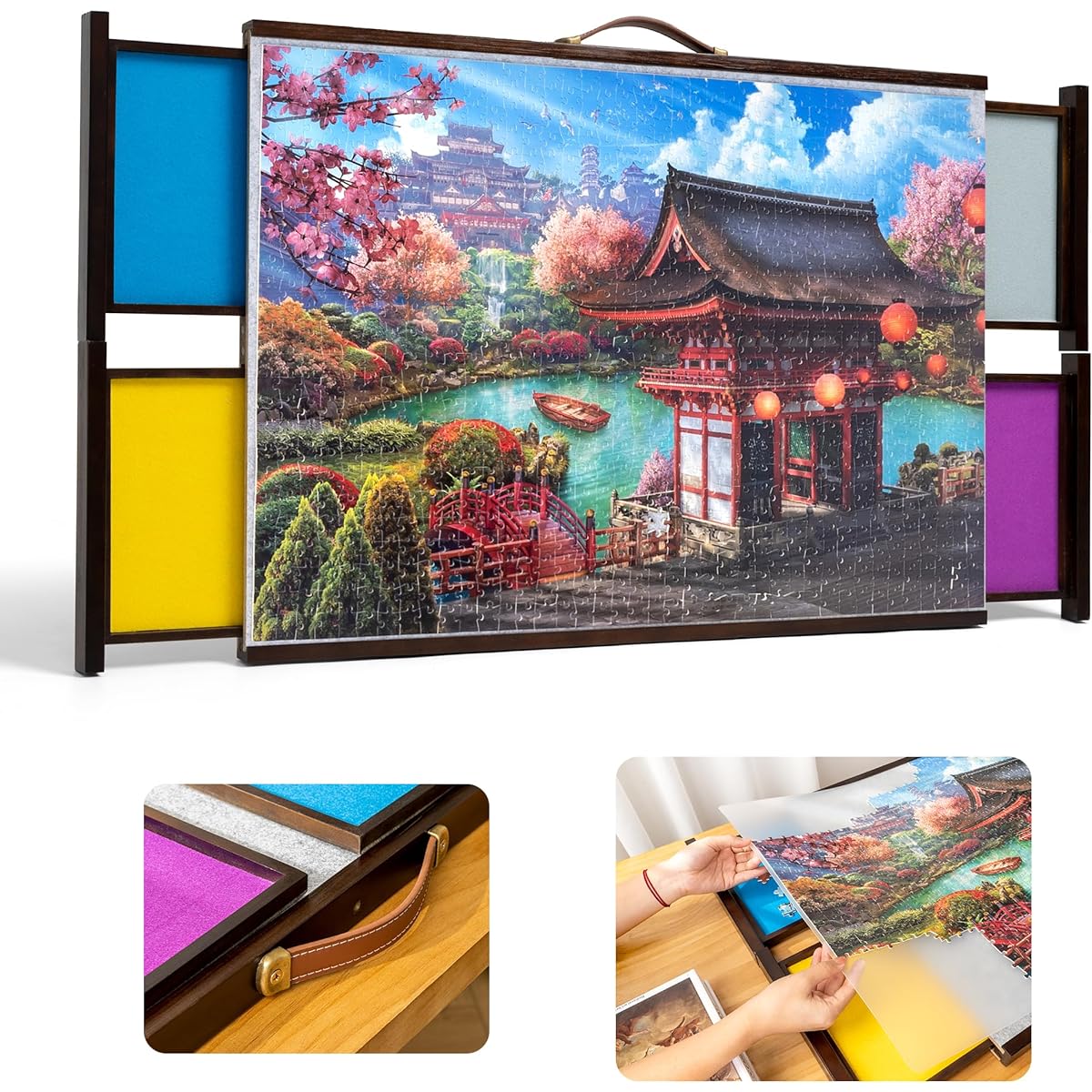 Tektalk One Piece Frame Design Jigsaw Puzzle Board with PU Handle, Portable Wooden Table with Drawer & Cover for 1000 Piece Jigsaw Puzzles