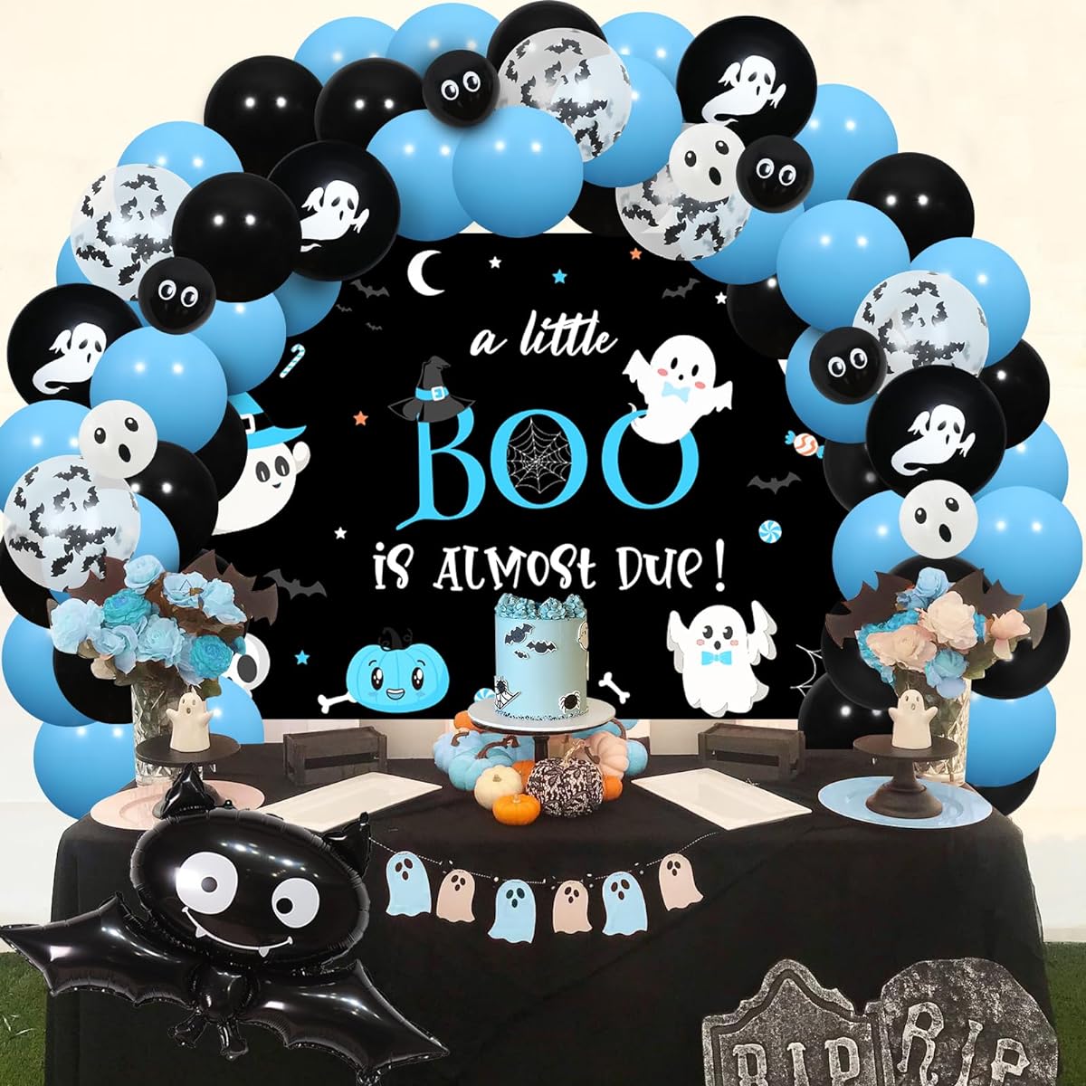 Halloween Baby Shower Decorations for Boys A Little Boo Is Almost Due Balloon Garland Arch Kit with Backdrop Blue Black Halloween Party Supplies