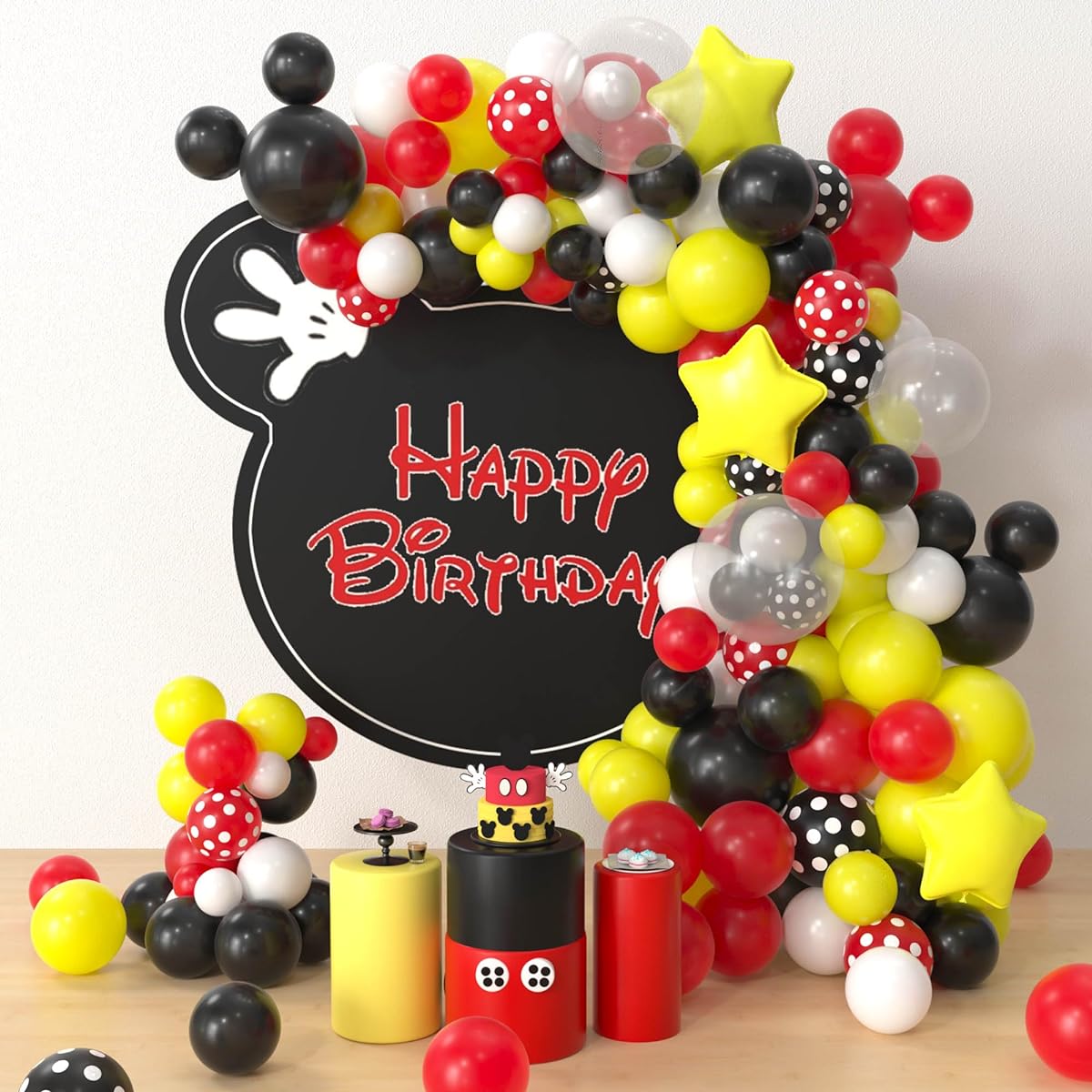 HYOWCHI Mickey Birthday Party Supplies - 132 Pieces Mickey Theme Mouse Birthday Baby Shower Party Balloon Garland Arch Kit Red Yellow Black White Latex Balloon Arch for Mickey Theme Party Decorations