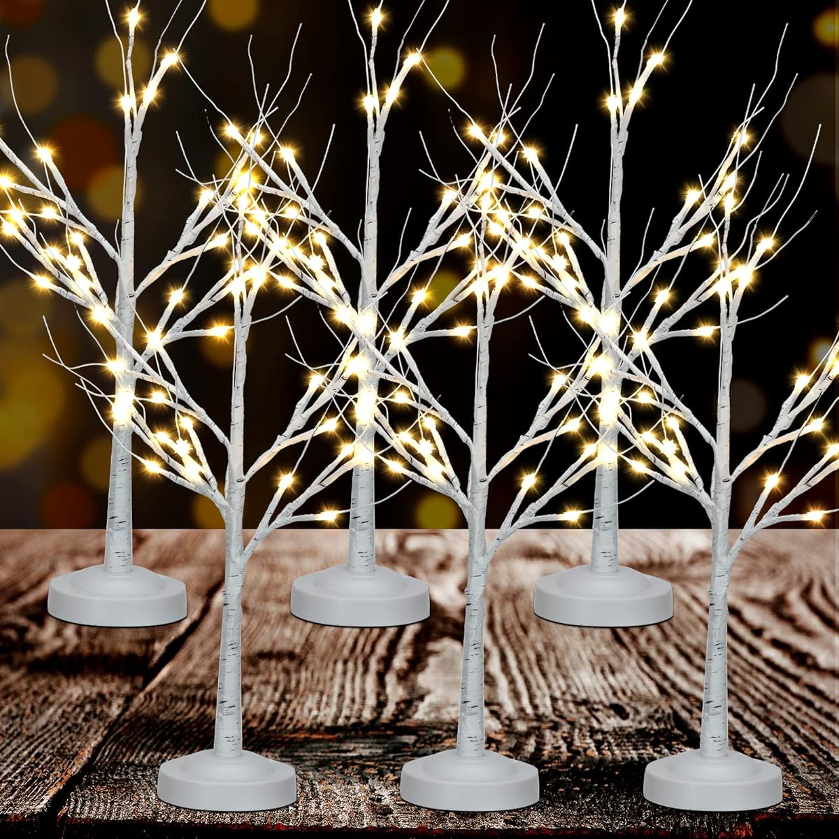 Treela Christmas White Birch Tree Lights, Christmas Tree Table Decoration, Lighted Birch Tree with 24 Warm White LED Lights, Battery Operated Twig Tree Lights, Bonsai Tree Lights for Christmas (Pack of 6)