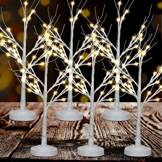 Treela Christmas White Birch Tree Lights, Christmas Tree Table Decoration, Lighted Birch Tree with 24 Warm White LED Lights, Battery Operated Twig Tree Lights, Bonsai Tree Lights for Christmas (Pack of 6)