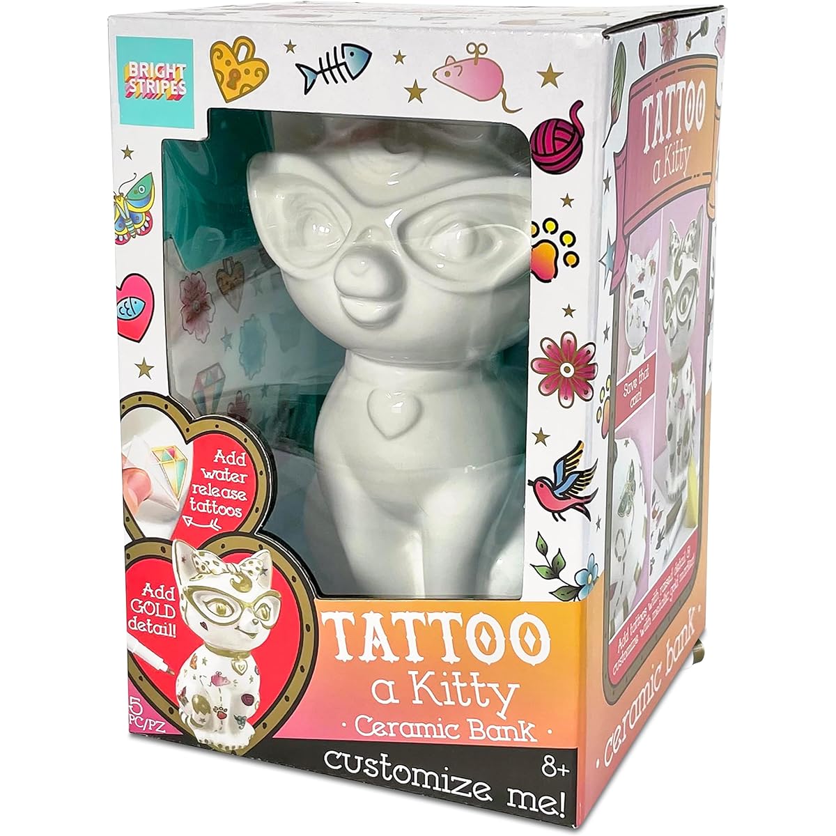 Bright Stripes Tattoo Kitten Ceramic Cat Decorate and Paint Your Own Piggy Bank Kids DIY Personalized Arts & Crafts Creative Activities Birthday Gifts for Girls and Boys