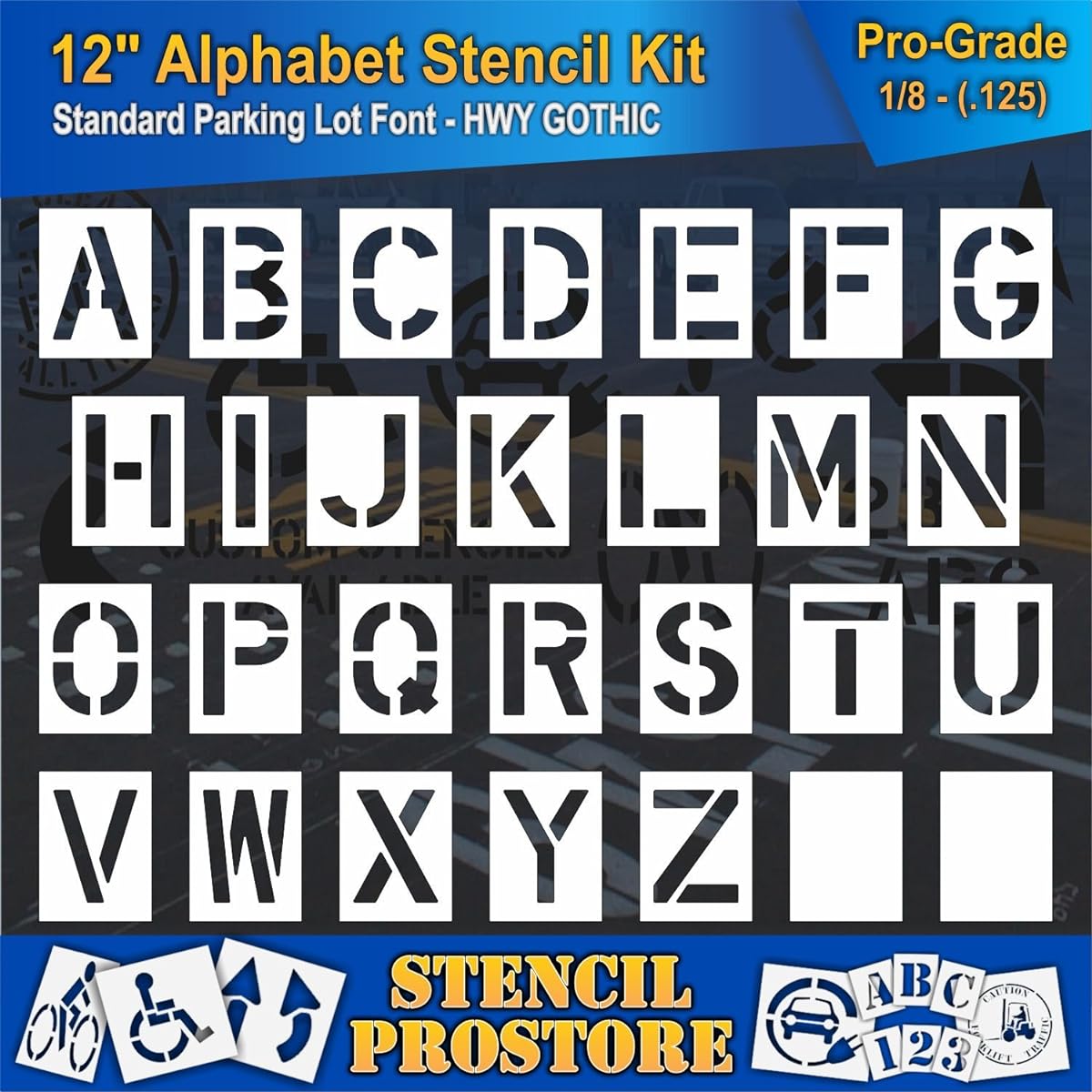 Pavement Stencils - 12" Alphabet Kit Stencil Set - (28 Pieces) - 12" x 9" x 1/8" (128 Mil) - Professional Grade