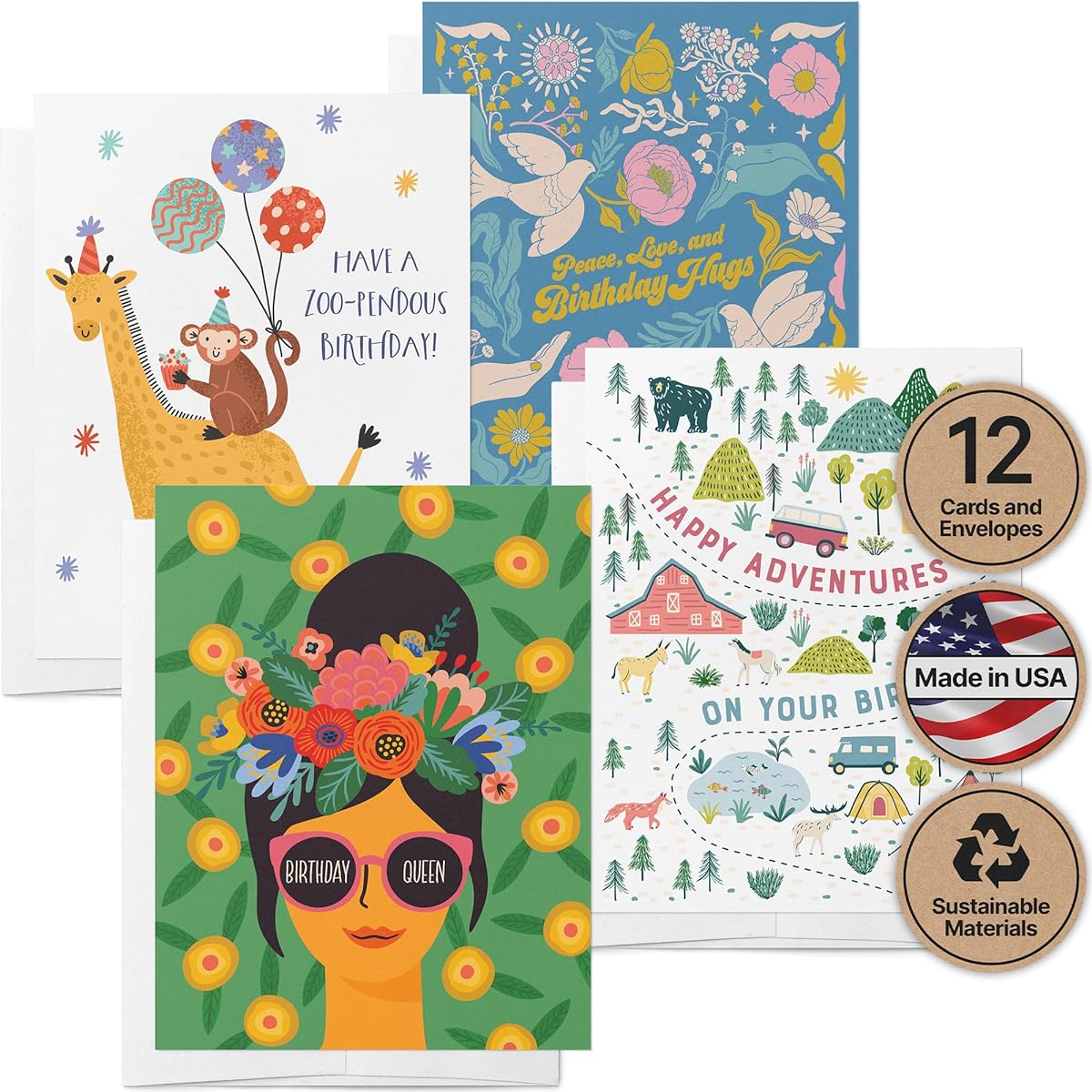 Twigs Paper Birthday Card Assortment - Set of 12 Variety Designs Birthday Cards with Envelopes, Happy Birthday Greeting Cards, Blank Space Note Cards for Gift Greetings Made in the USA - 5.5 x 4.25 Inch Size
