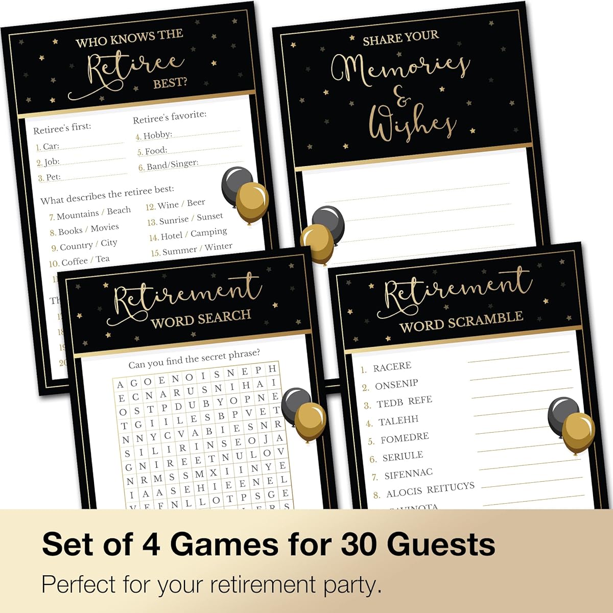 Retirement Party Games Set of 4 - Serves 30 Guests - Double-Sided Cards - Retirement Party Supplies
