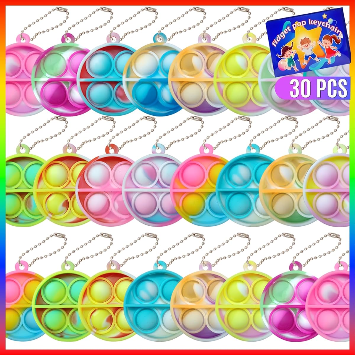 ONKULL Pop Keychain Fidget Toys, 30pcs Pop Keychains Fidget Toys for Kids Party Favors Mini Fidget Packs Sensory Stress Relievers Poppers Toys Party Gifts for Boys Girls Adults