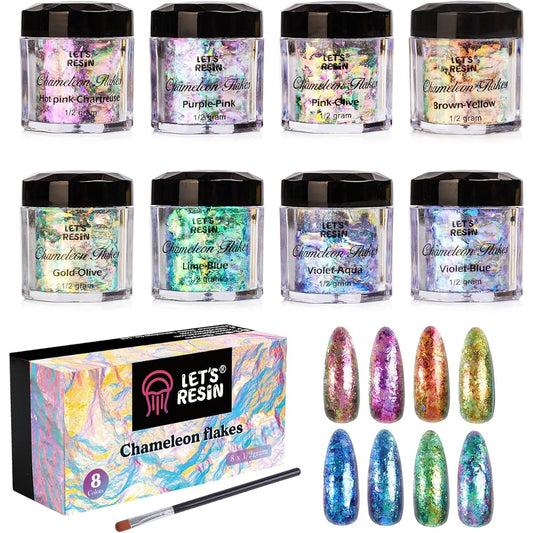 LET'S RESIN Chameleon Chunky Flakes Resin Supplies 8 Colors Intense Color Shifting Pigment Powder for Resin Crafts/Tumblers Chrome Powder Iridescent Eyeshadow Flakes for Nail Art/Paint/Soap Making