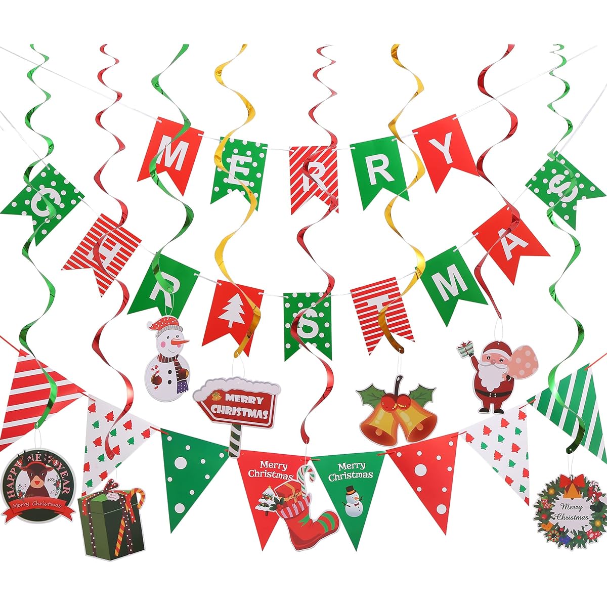 Merry Christmas Party Decorations Banner - Red Green Merry Christmas Banner, Pennant Flag Garland, Christmas Party Decorations, Hanging Swirls for Christmas Home Office Backdrop Decor (MCB)