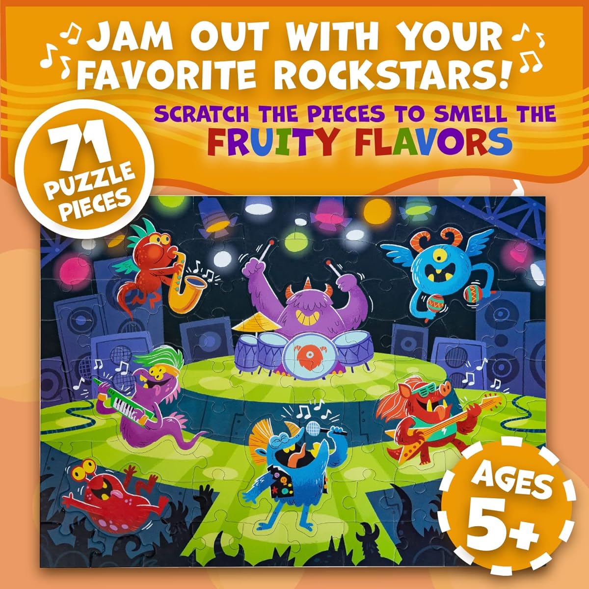 Peaceable Kingdom Scratch & Sniff Puzzle - Rock Monsters Jelly Jammer - 71 Piece Sensory Puzzle for Ages 5 and Up - Blue Raspberry, Grape and Cherry Scents - Great for the Classroom