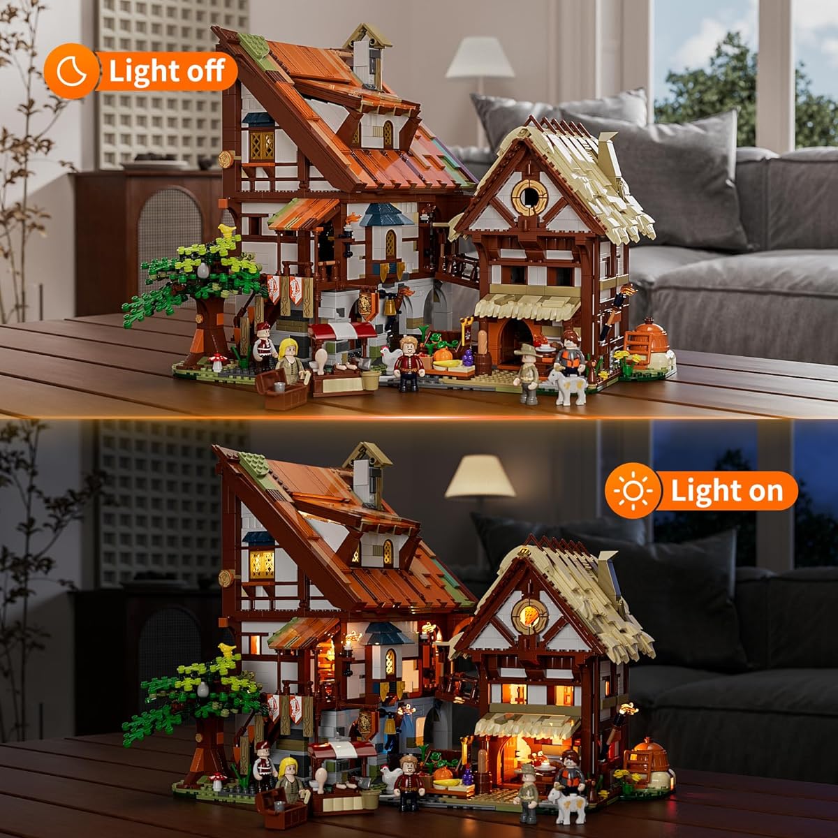 FUNWHOLE Medieval Market Lighting Building Bricks Set - Medieval Town LED Lights Building Model Set 2614 Pieces for Adults and Teens