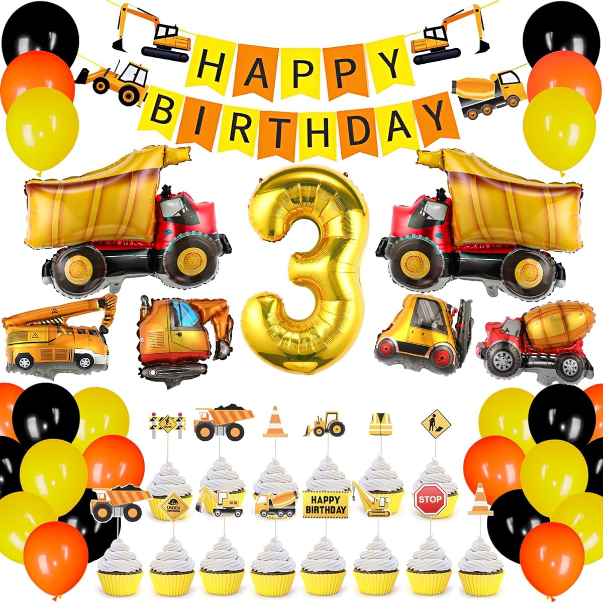 Construction Birthday Party Supplies Set, Construction Foil Balloons, Dump Truck, Birthday Banner and Cake Topper, 3 Year Old Birthday Party Decorations for Boy/Girl/Baby Show