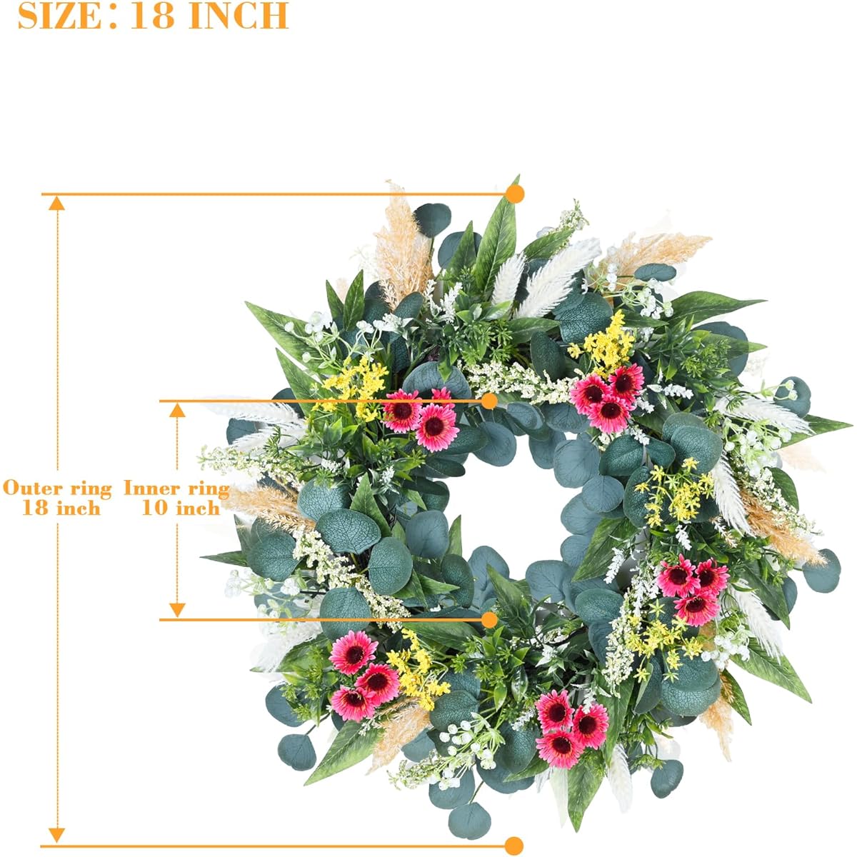 DDHS Eucalyptus Wreath 18" Wreath for Front Door, All Weather Spring Summer Door Wreath with Chrysanthemum and Wheat, Artificial Greenery Wreath, Farmhouse Party Decoration