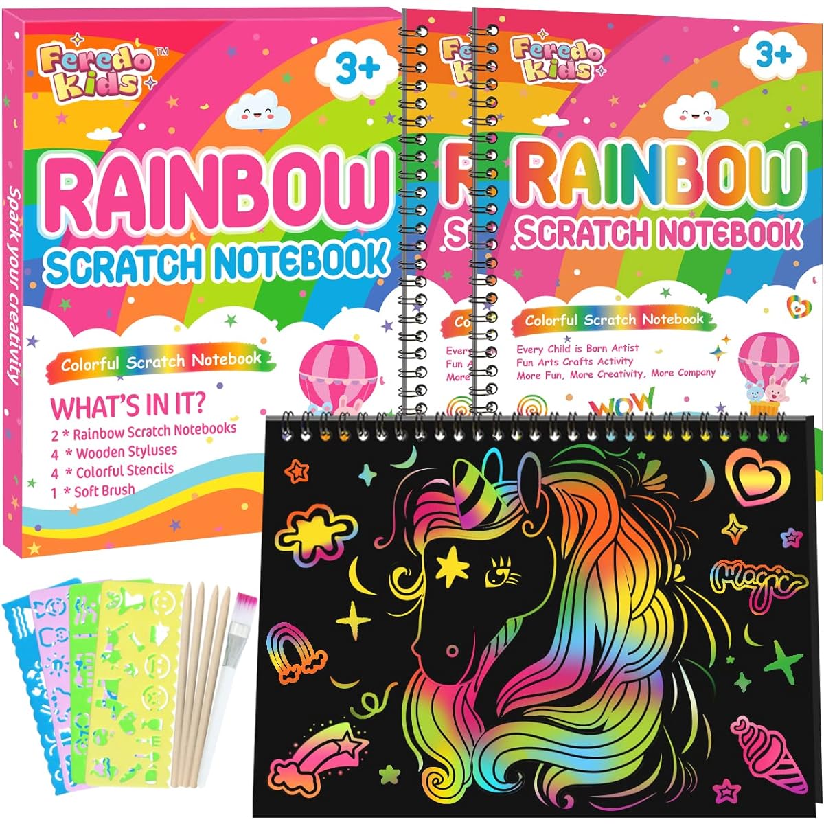 Rainbow Scratch Art for Kids Black Scratch Off Paper Notebook Craft Art Supplies Coloring Kit Toys for Ages 3-9 Girls Boys Kids Birthday Christmas Halloween Party Favors Activity Gifts 2 Pack