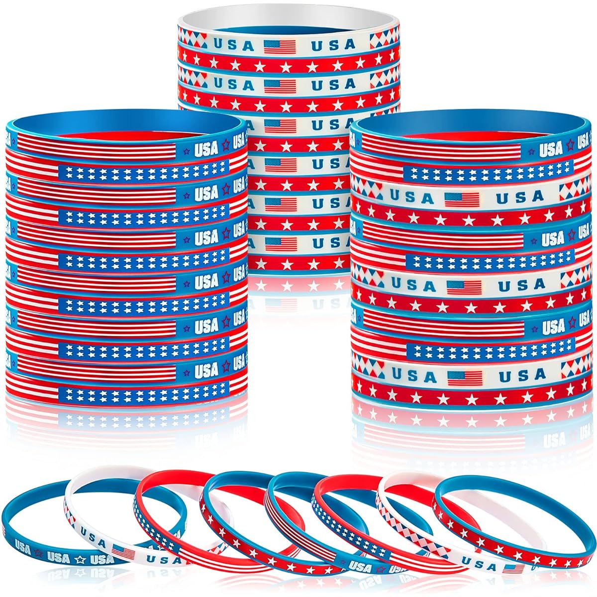 4th of July Patriotic Rubber Bracelets American Flag Red White Blue Silicone Wristband Bracelets Independence Day Party Favors Gifts for Men Women Teens (36 Pieces)