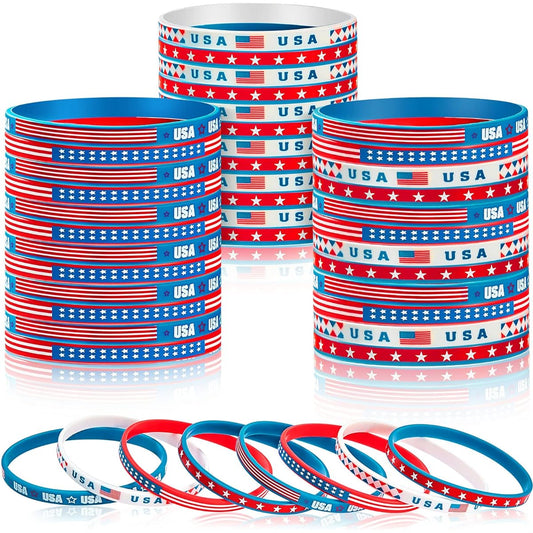 4th of July Patriotic Rubber Bracelets American Flag Red White Blue Silicone Wristband Bracelets Independence Day Party Favors Gifts for Men Women Teens (36 Pieces)