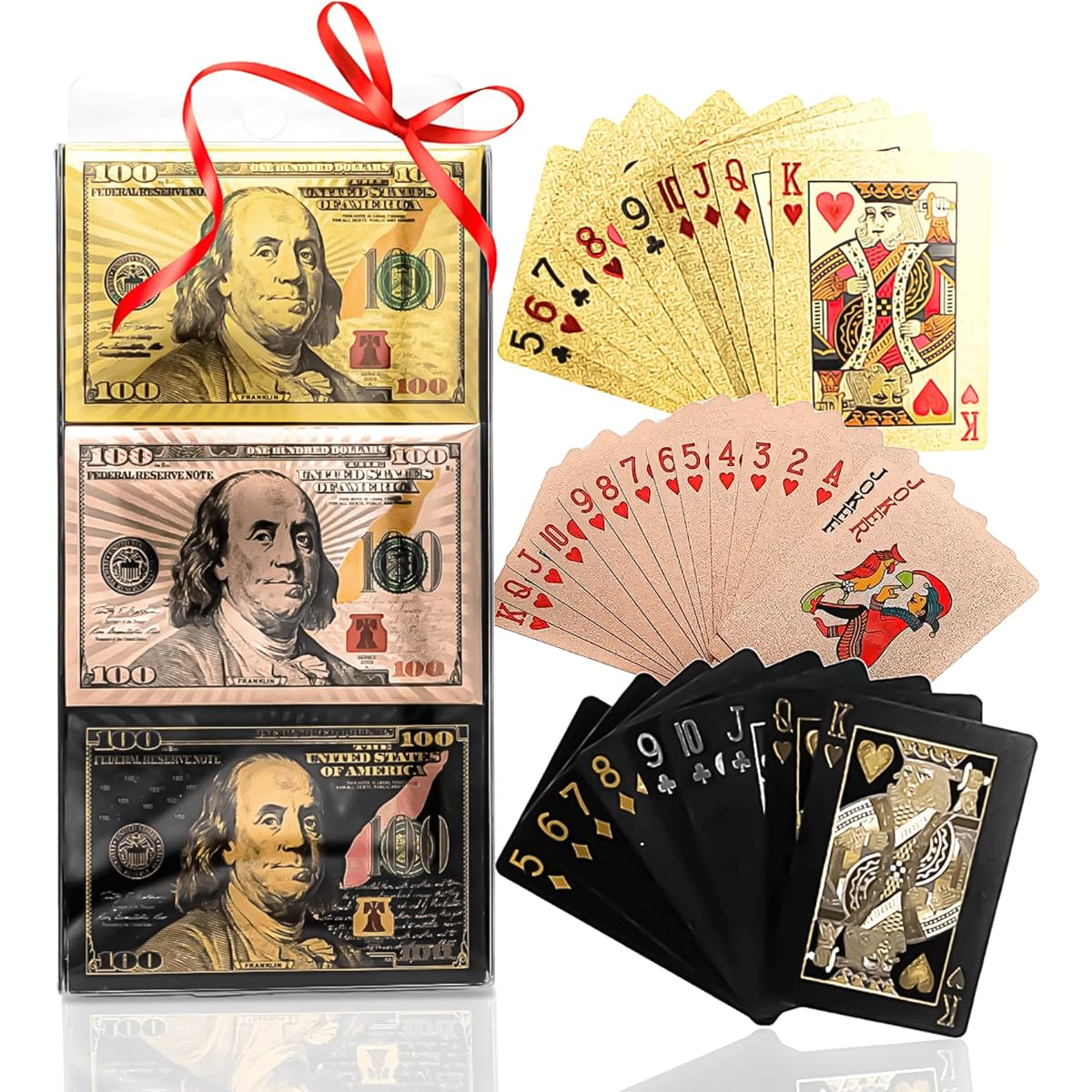 Magic Kiss Waterproof Gold and Silver Foil Poker Playing Cards Deck of Plastic Playing Cards Gift (3 Decks (Gold+Rose Gold+Black))